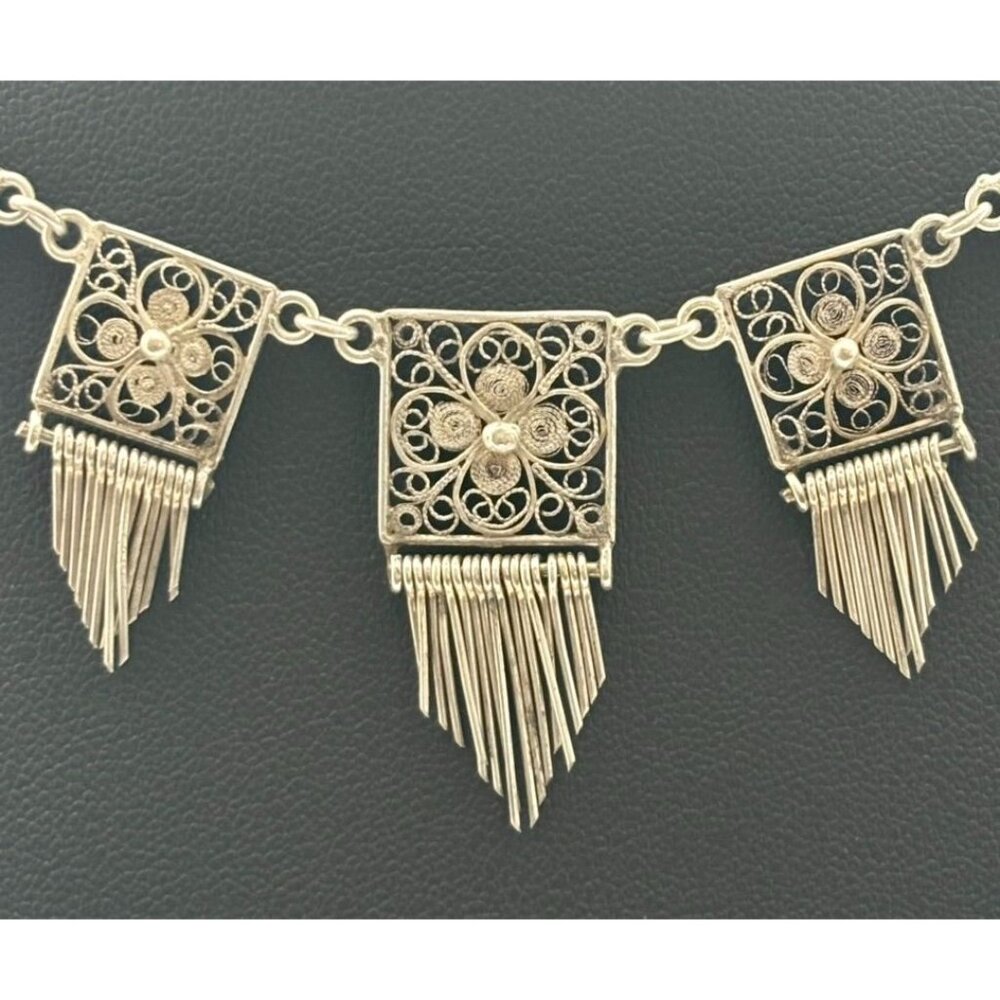 Vintage European Silver Delicate Filigree Squares Components With Dangles Collar - Picture 12 of 13